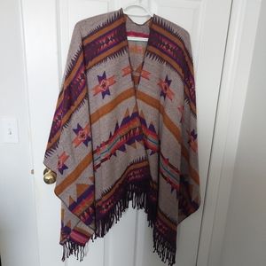 Patterned Open Front Wrap Poncho